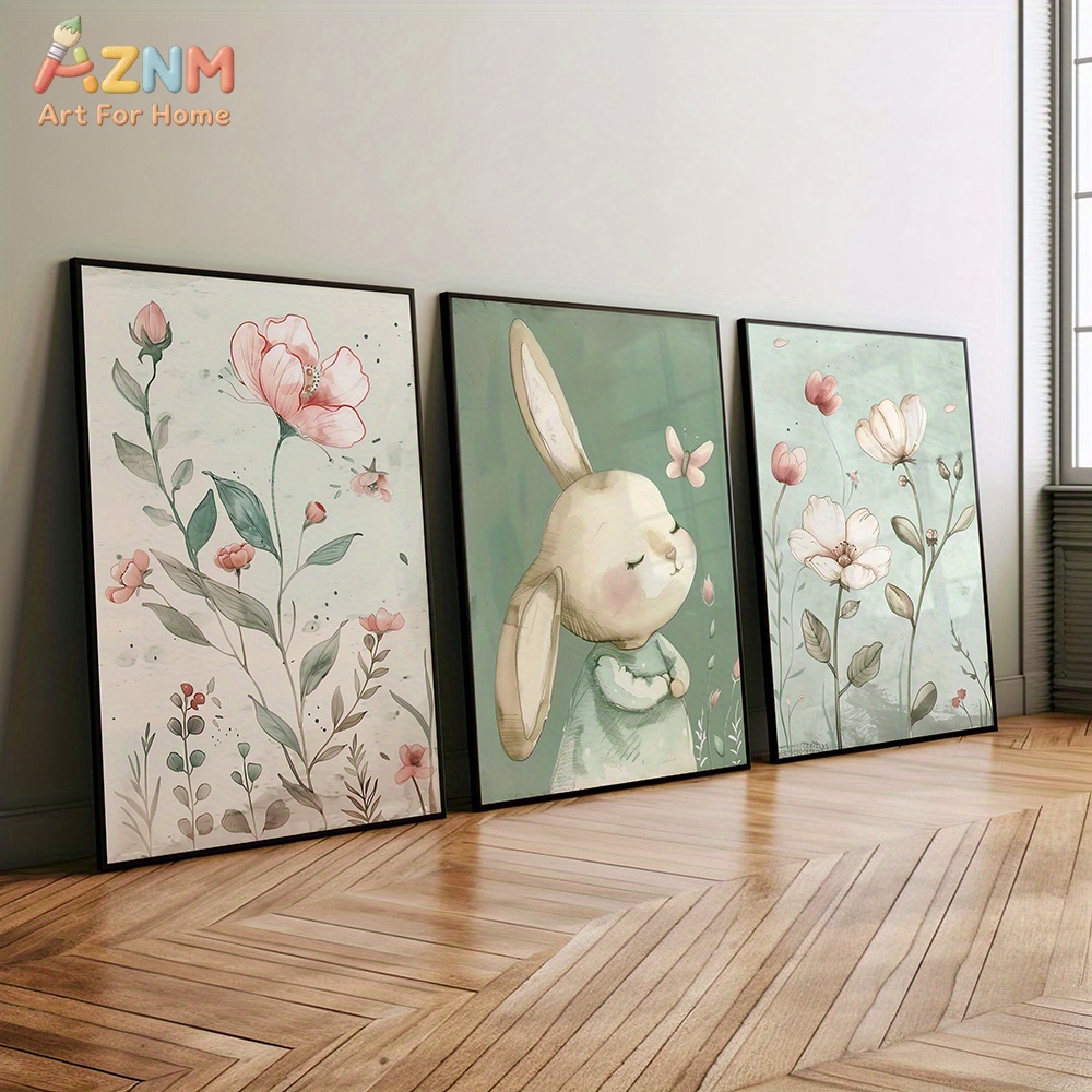 Baby Nursery Picture Frames - 3PCS Cute Bunny and Pink Flowers