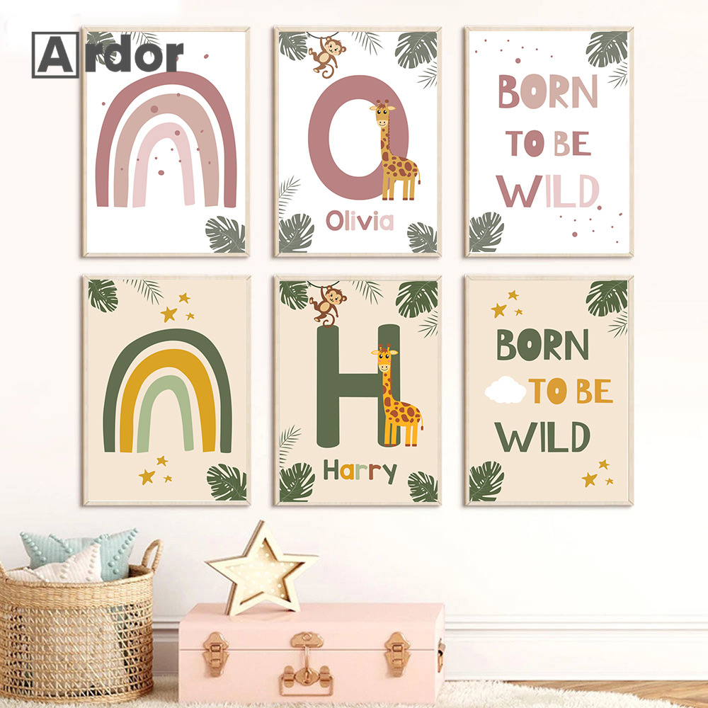 Baby Nursery Name Wall Art - Nordic Jungle Animal Posters Custom Name