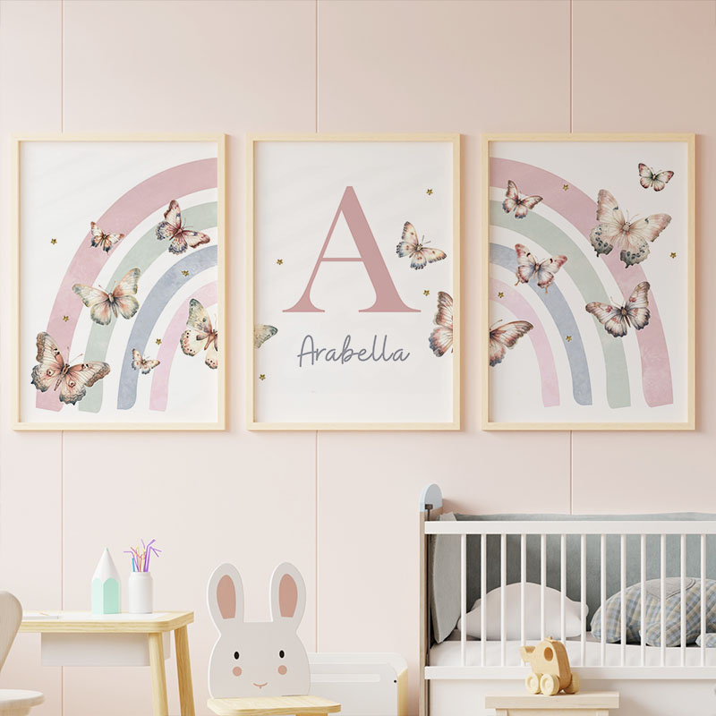 Baby Nursery Name Wall Art - Pink Rainbow Butterfly Custom Baby Name