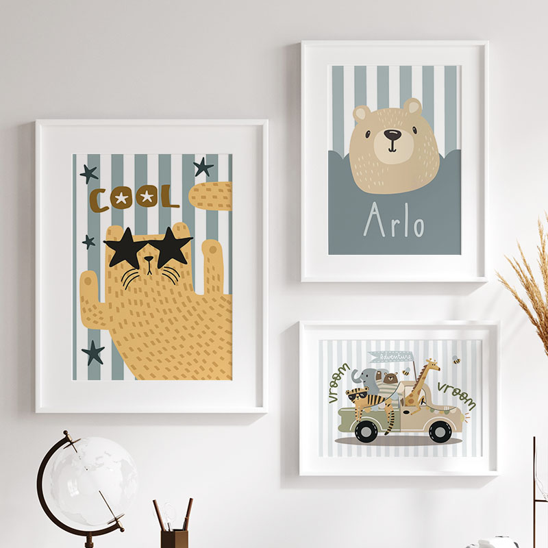 Kawaii Tiger Lion Giraffe Car  - Baby Nursery Name Wall Art 评论和价格