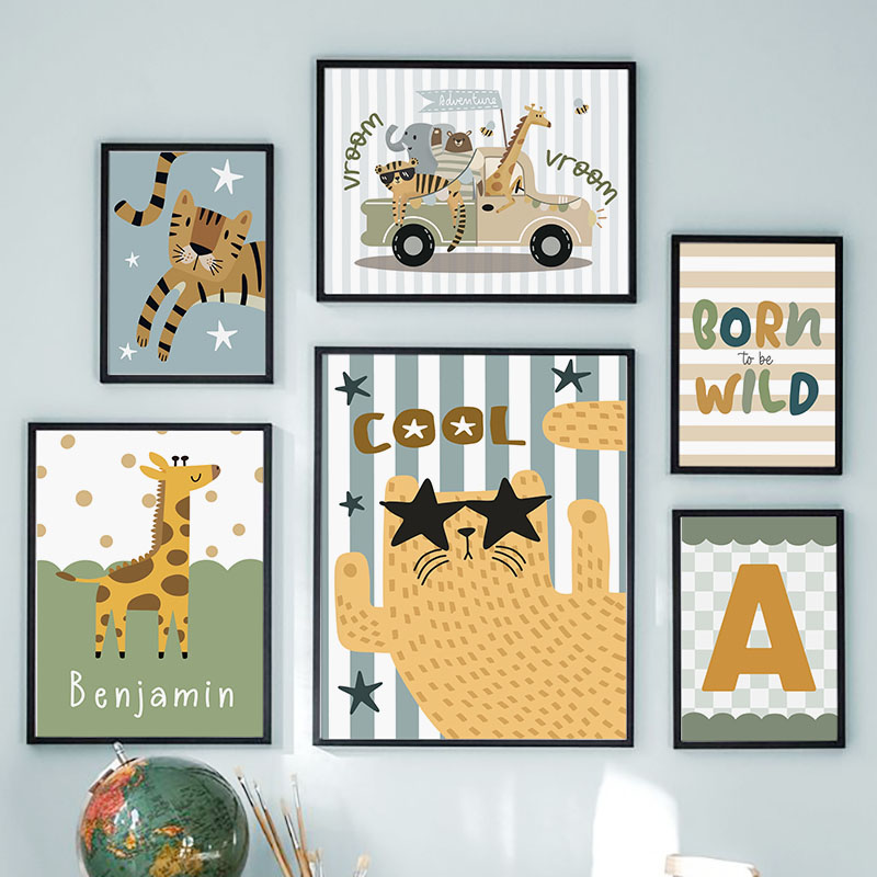 Kawaii Tiger Lion Giraffe Car  - Baby Nursery Name Wall Art 评论和价格